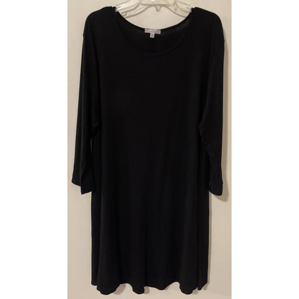 Free 2 Luv Womens 1x Black 3/4 Sleeved Ribbed Knee Length Swing Dress! A3940